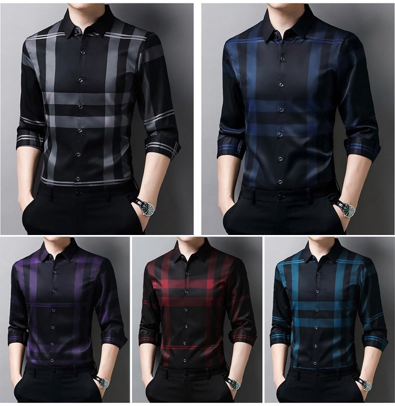 Camisa Masculina de Seda Casual Xadrez
