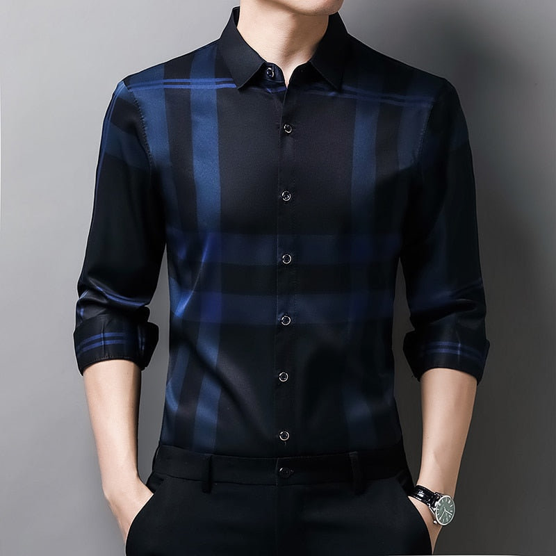 Camisa Masculina de Seda Casual Xadrez