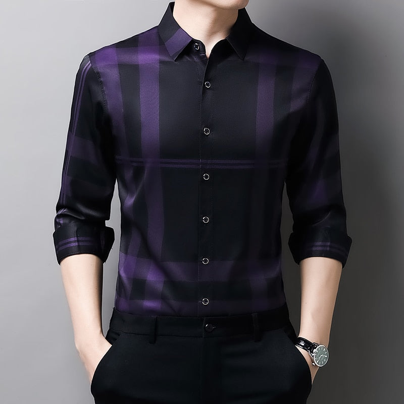 Camisa Masculina de Seda Casual Xadrez
