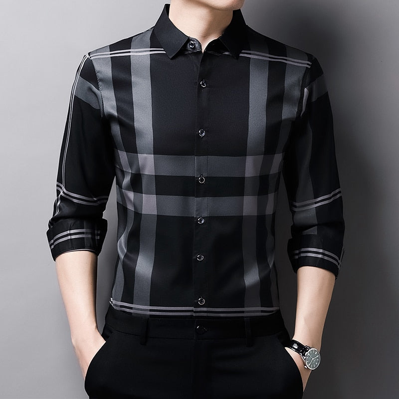 Camisa Masculina de Seda Casual Xadrez