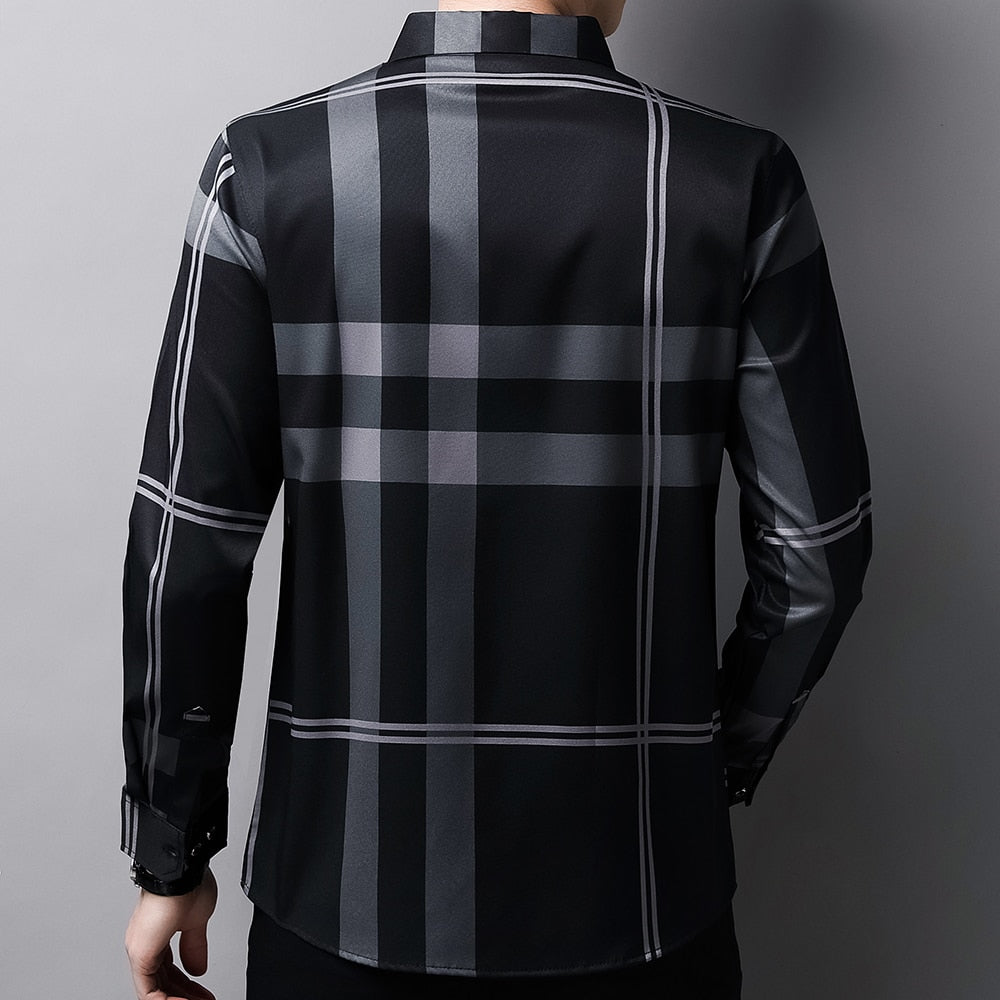 Camisa Masculina de Seda Casual Xadrez
