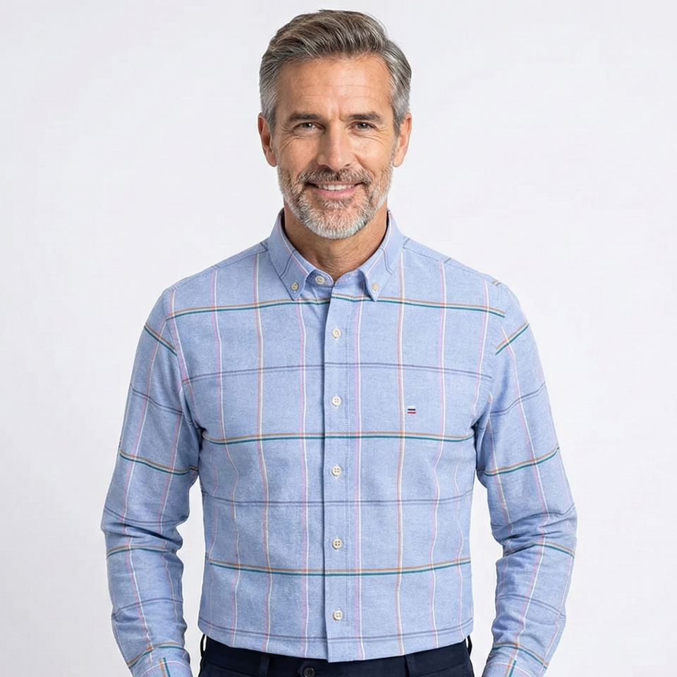 Camisa Masculina Xadrez Azul Manga Longa